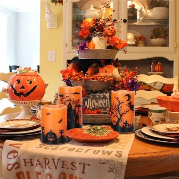 Halloween Flickering Flameless Candles with 6 Hour Timer, Battery - Picture 2 of 7